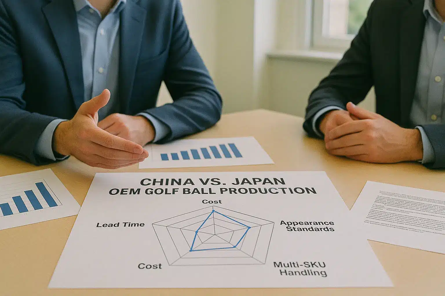 中国と日本のOEMゴルフボール生産を比較分析する商談シーン