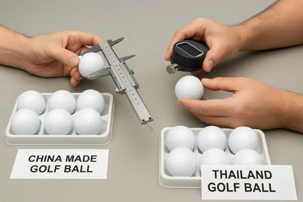 中国製とタイ製ゴルフボールの寸法と硬度を比較検査する品質管理工程
