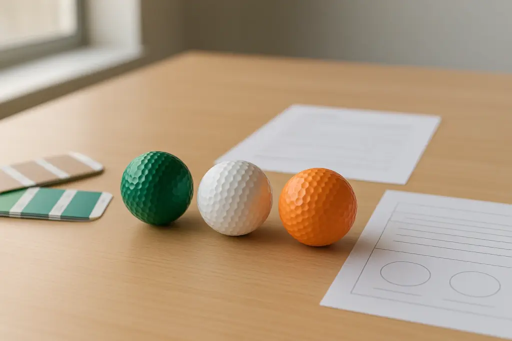 名入れ用カスタムカラーのゴルフボール試作を、色見本カードとデザイン校正シートと並べ、開発室で仕様を最終確認するOEMの打合せ風景