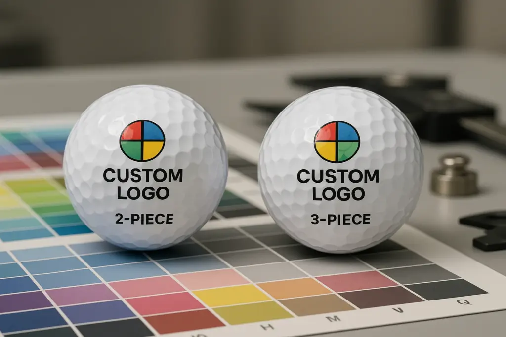 ロゴ印刷テスト用の2ピースと3ピース構造ゴルフボールを色見本上で比較する工程
