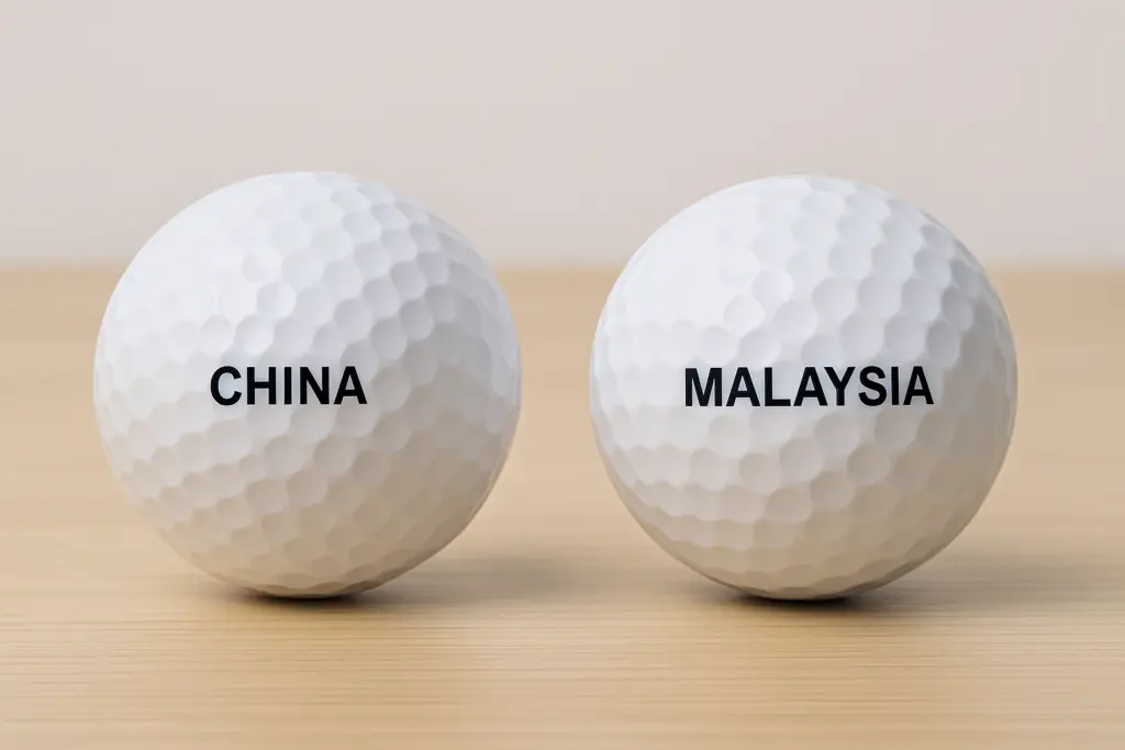 中国製とマレーシア製のゴルフボールを並べて比較したディンプル形状