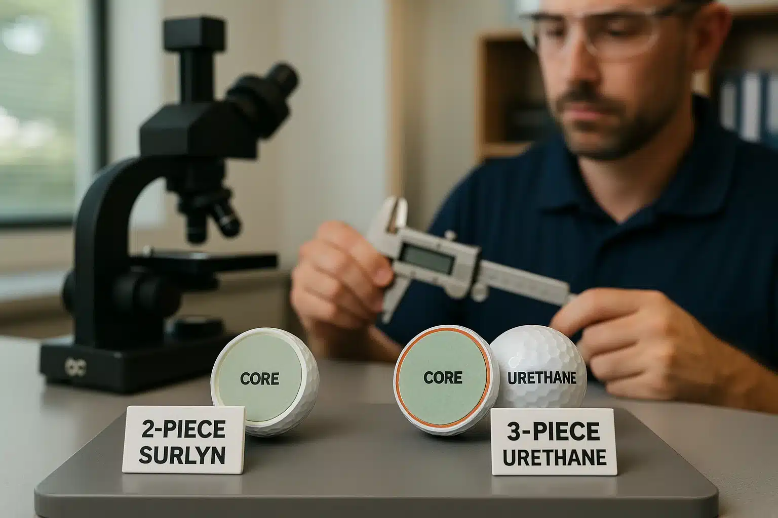 2ピースと3ピース構造のゴルフボールを比較測定する技術者