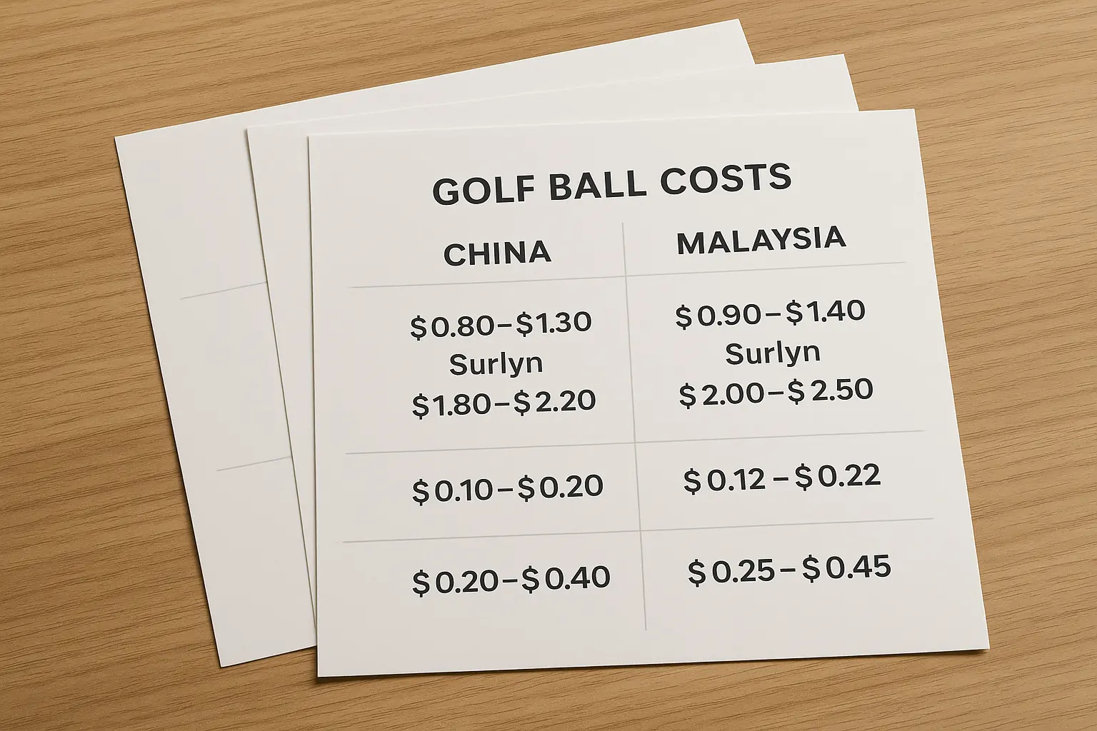 中国とマレーシアにおけるゴルフボール製造コストの比較表