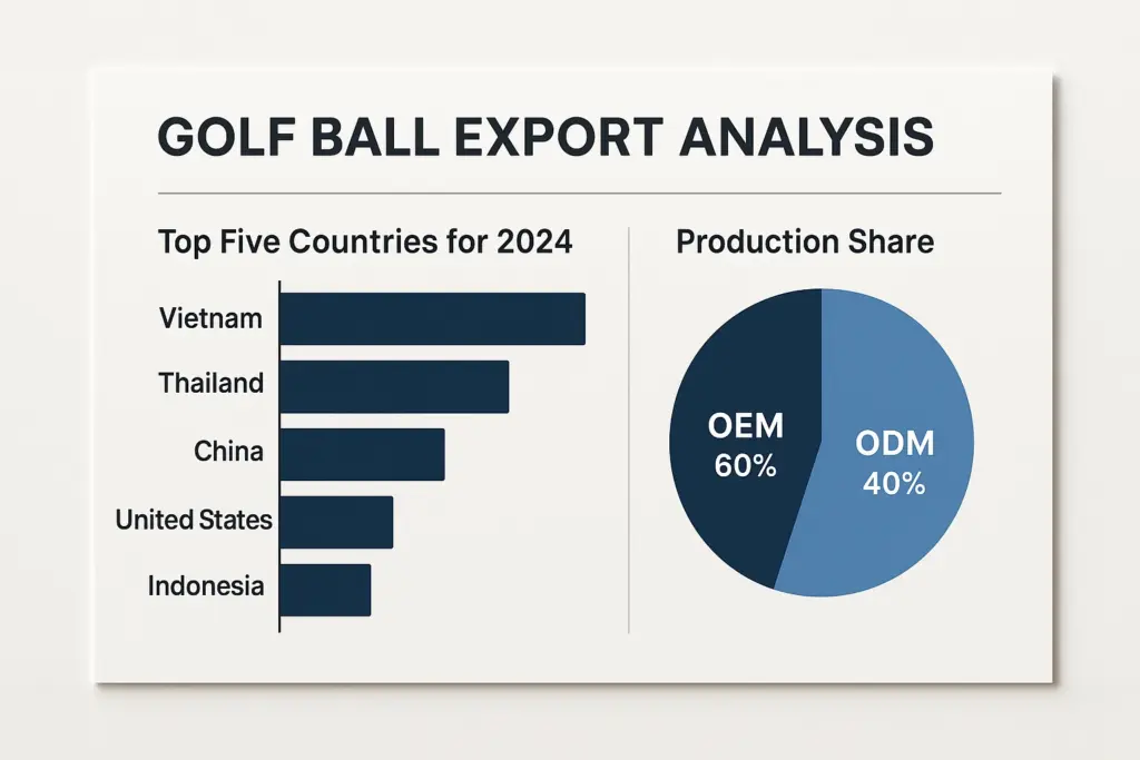 2024年のゴルフボール輸出上位5カ国とOEM・ODM生産比率を示す分析チャート