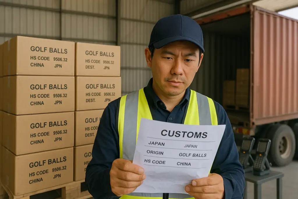 日本向けに輸出されるゴルフボールの通関書類を確認する物流担当者