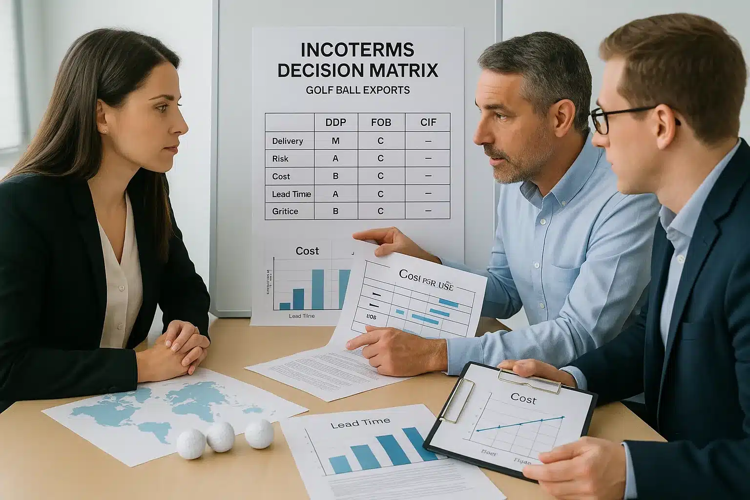 ゴルフボール輸出におけるインコタームズ条件を比較検討する商談チーム