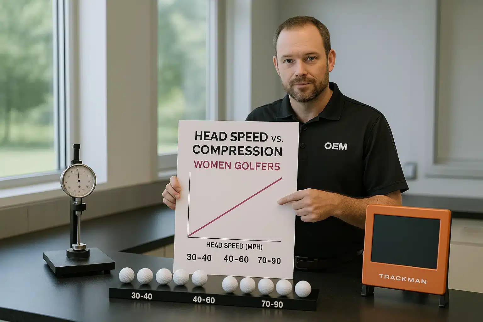 女性ゴルファー向けにヘッドスピードとコンプレッションの関係を分析するゴルフボール技術者