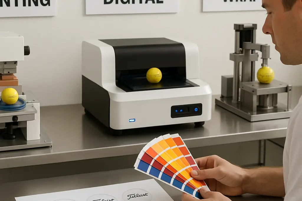 ロゴ印刷用のゴルフボールにカラーマッチングを行う印刷工程