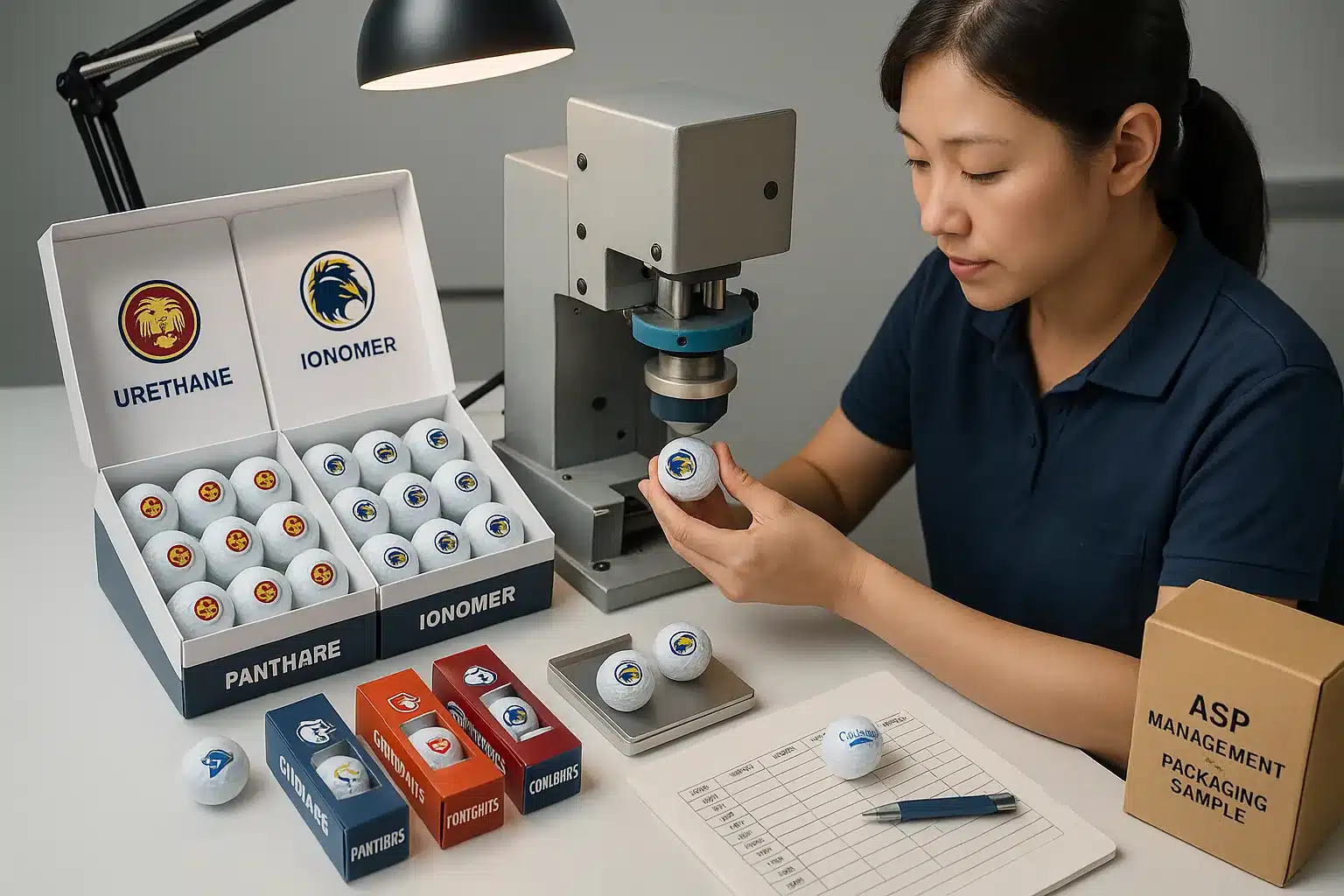 ウレタンとアイオノマー製ゴルフボールにロゴ印刷を行い品質を確認する検査担当者