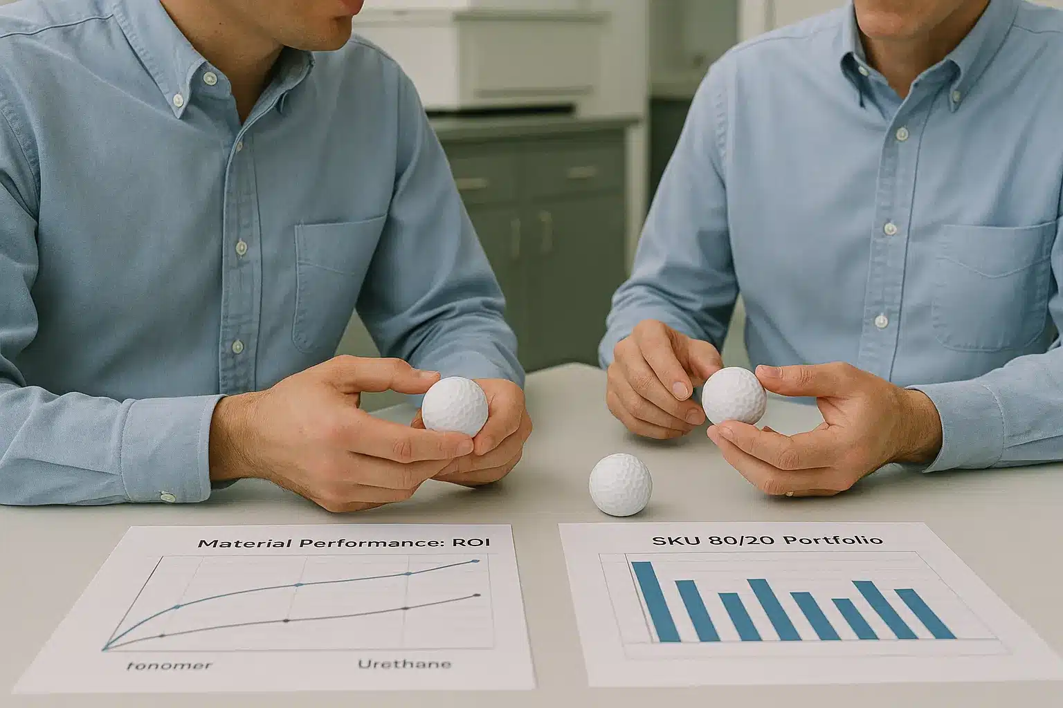 素材別の性能データを基にゴルフボールのROIを分析する開発担当者