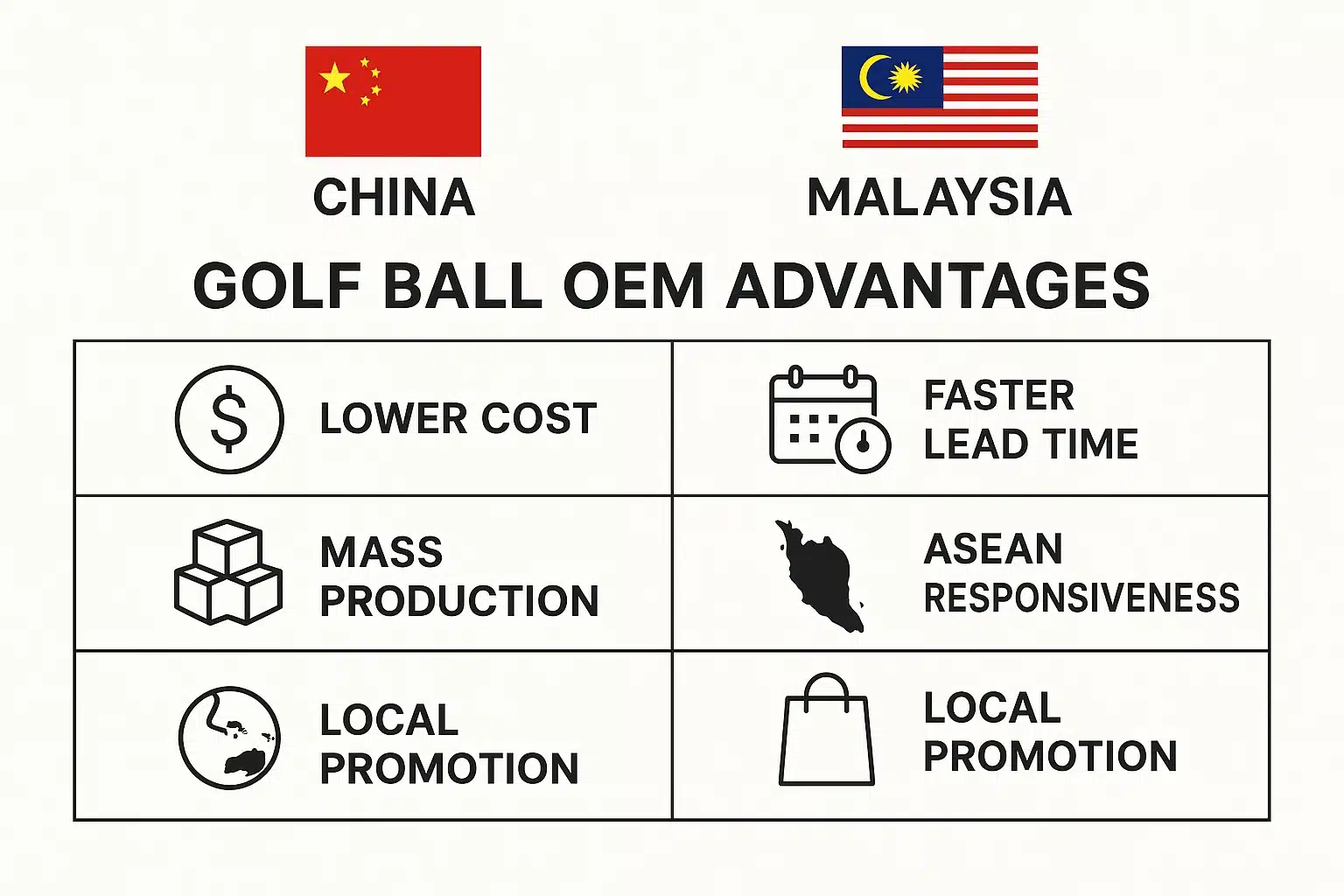 中国とマレーシアのゴルフボールOEM生産における主な利点を比較した表