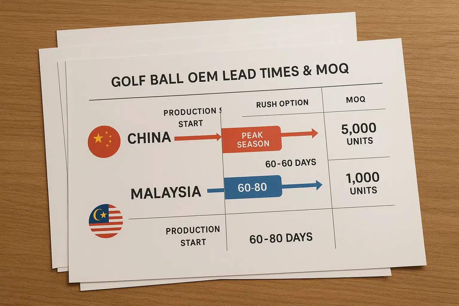中国とマレーシアのゴルフボールOEM生産リードタイムと最小発注数量を比較した表