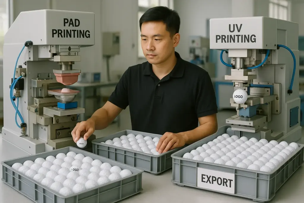 パッド印刷とUV印刷機でロゴ入りゴルフボールを生産するOEM工場の作業工程