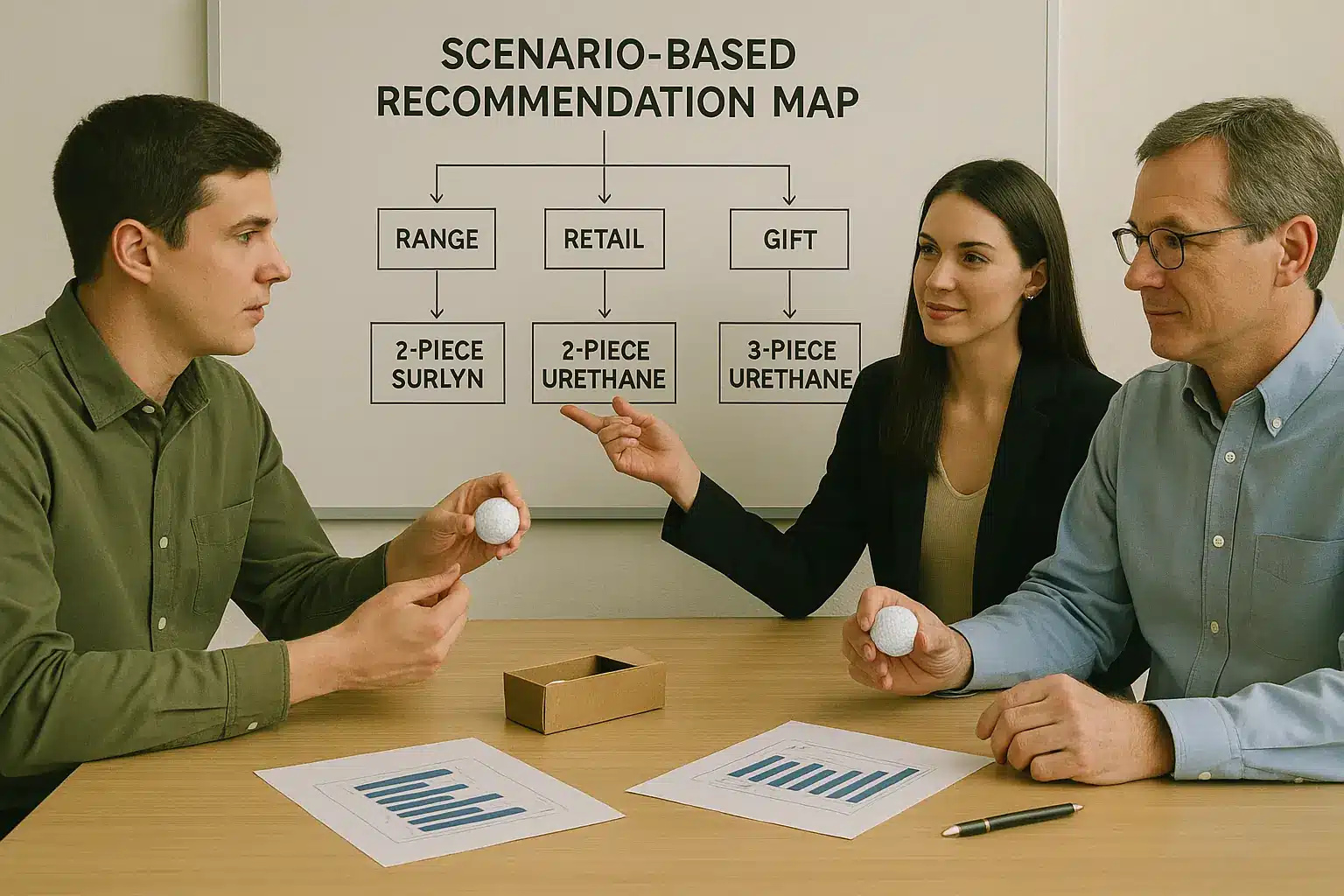 用途別に最適なゴルフボール仕様を検討するチームミーティング