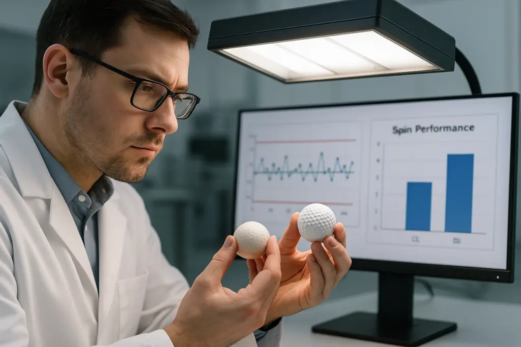 スピン性能データを分析しながら試作品のゴルフボールを比較検証する技術者