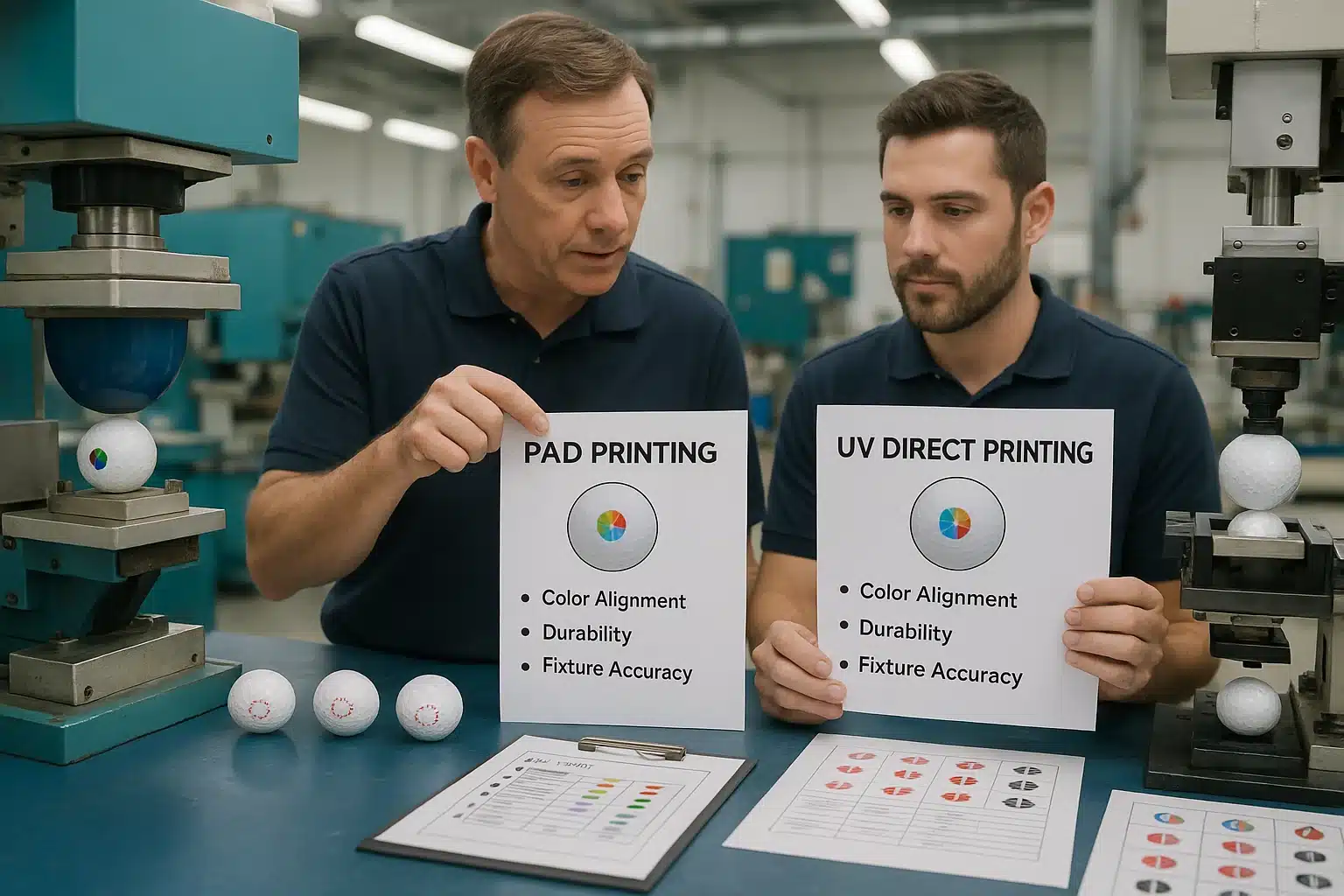 ゴルフボールへのパッド印刷とUV印刷の精度を比較検討する技術担当者