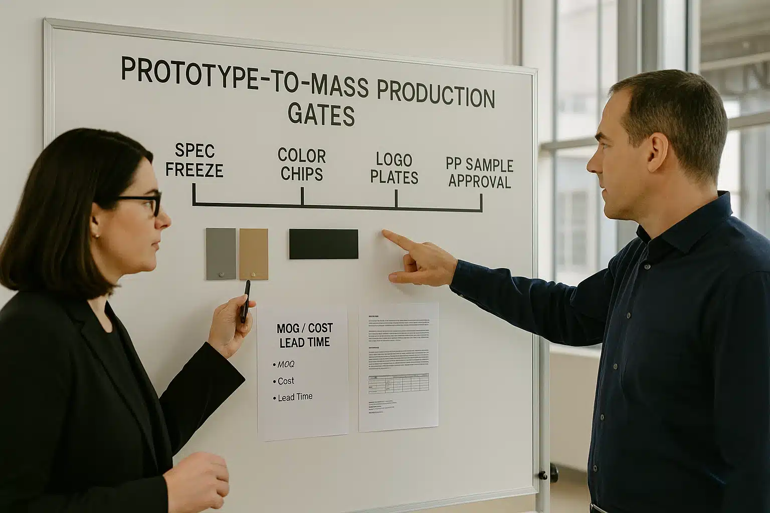 ゴルフボールの量産工程とロゴプレート承認プロセスを確認する開発チーム