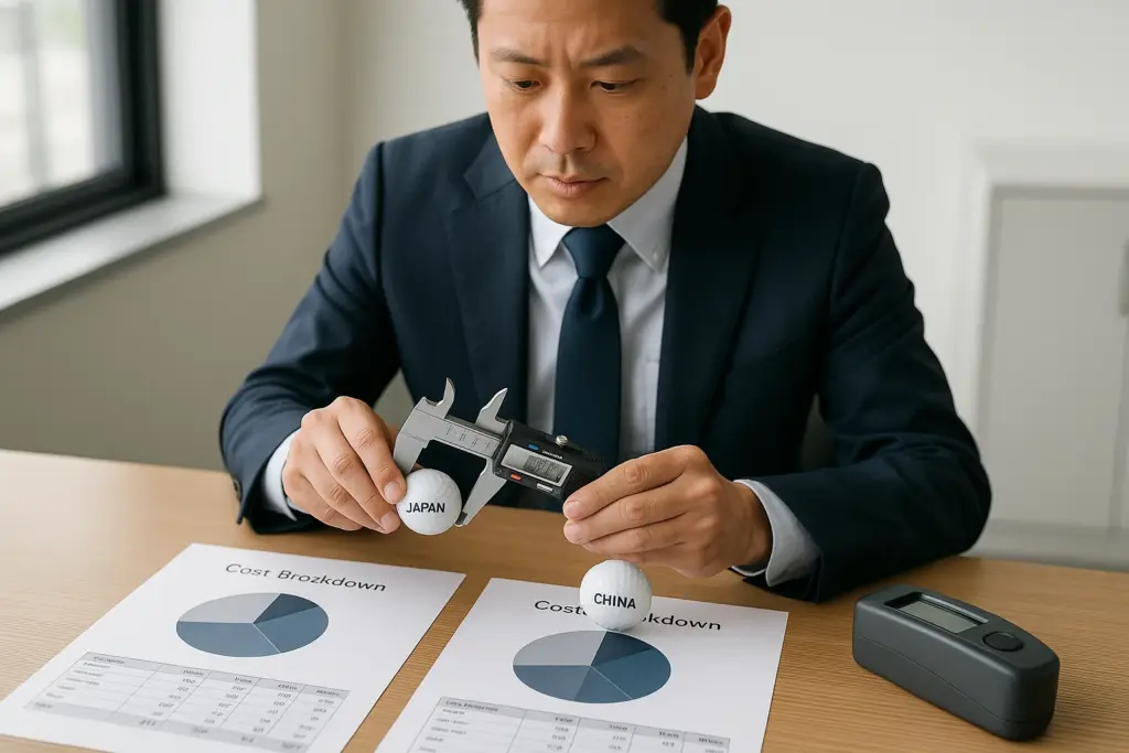 日本製と中国製のゴルフボールの寸法を比較測定する品質管理担当者