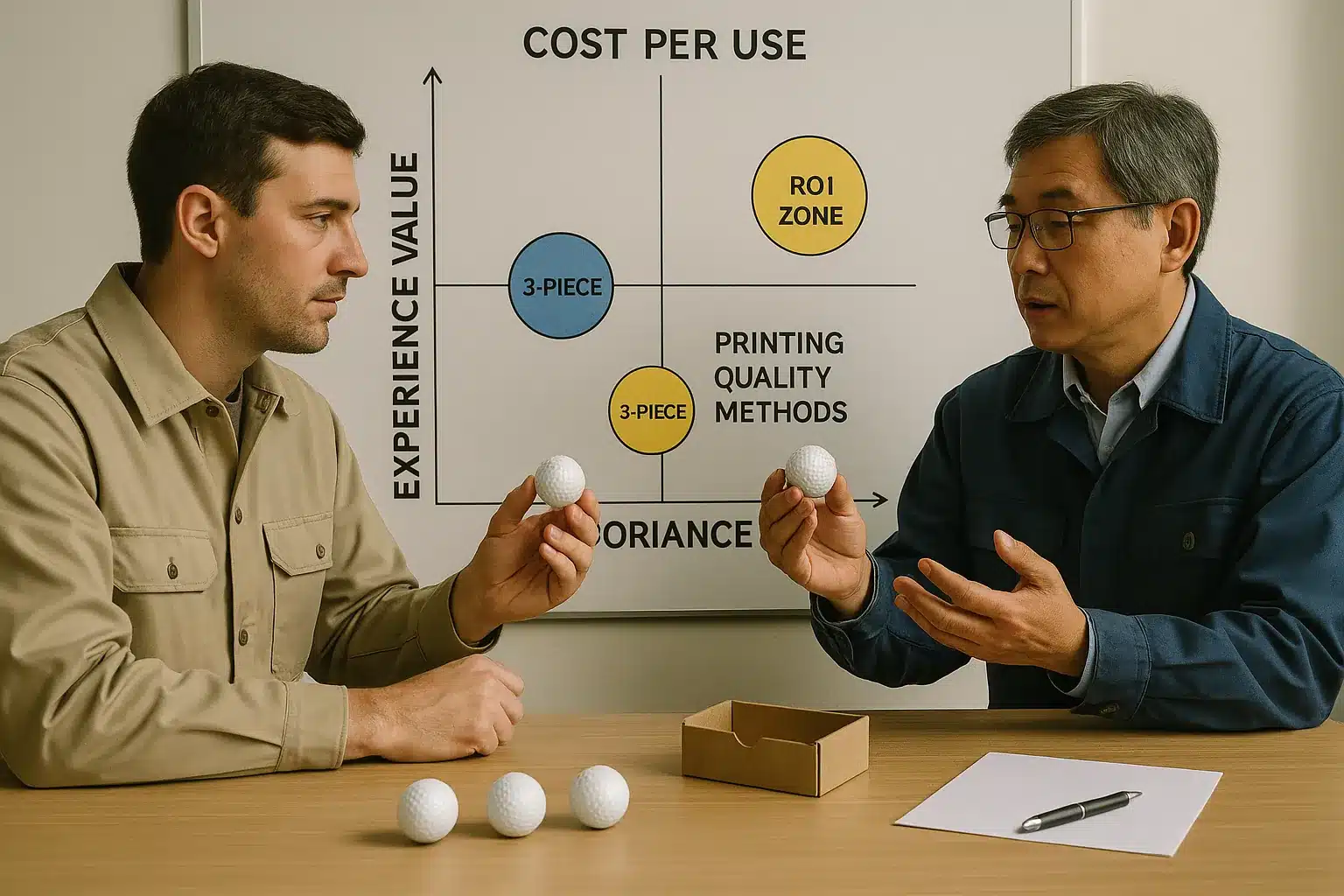ゴルフボールのコスト効率と品質向上について検討する開発担当者