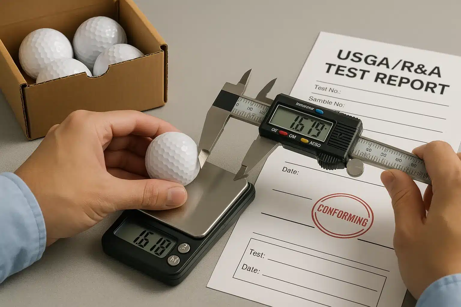 USGAとR&A基準に基づきゴルフボールの直径と重量をデジタル測定して検査報告書を作成する品質管理工程
