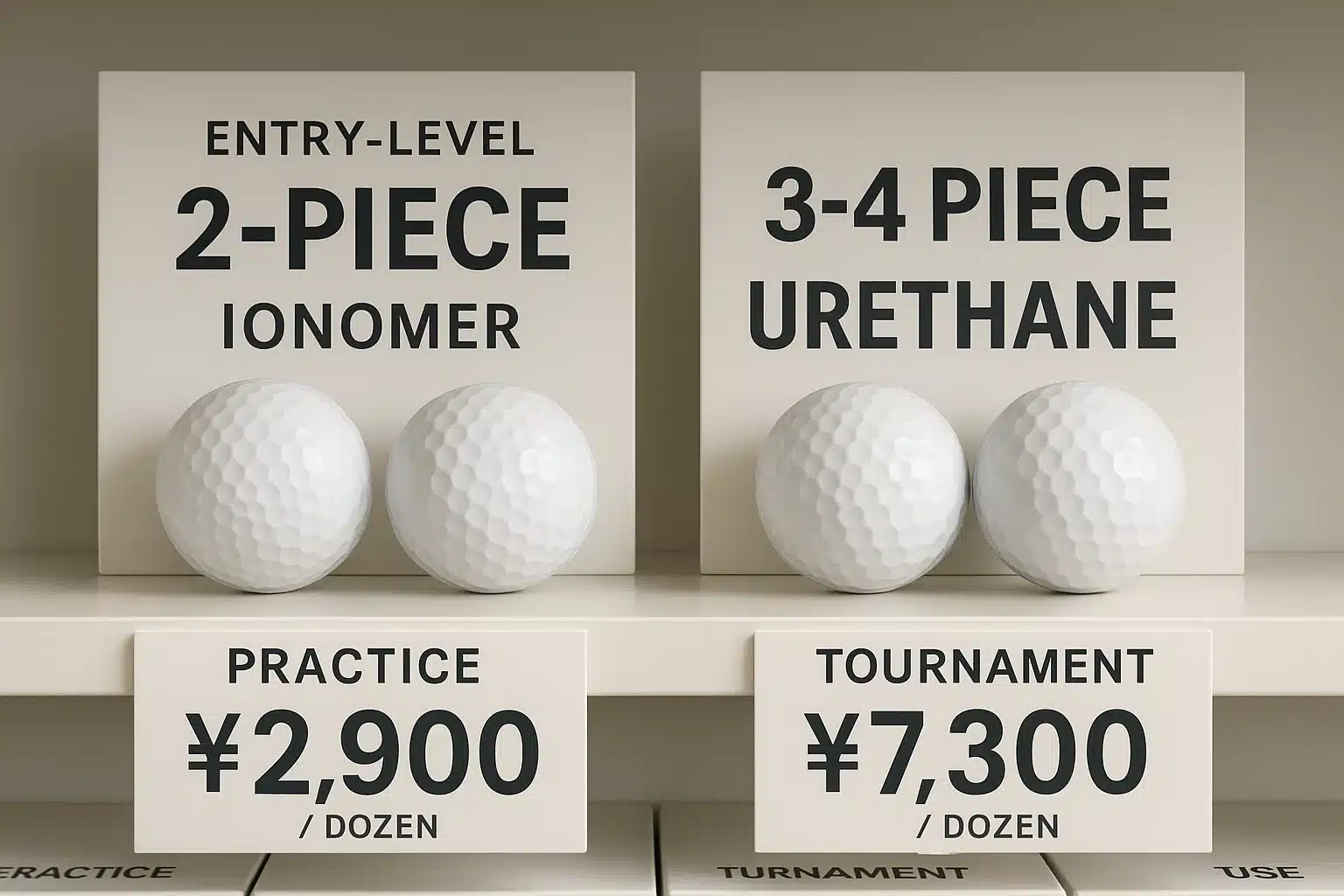 2ピースアイオノマーボールと3〜4ピースウレタンボールの価格と構造を比較した展示棚