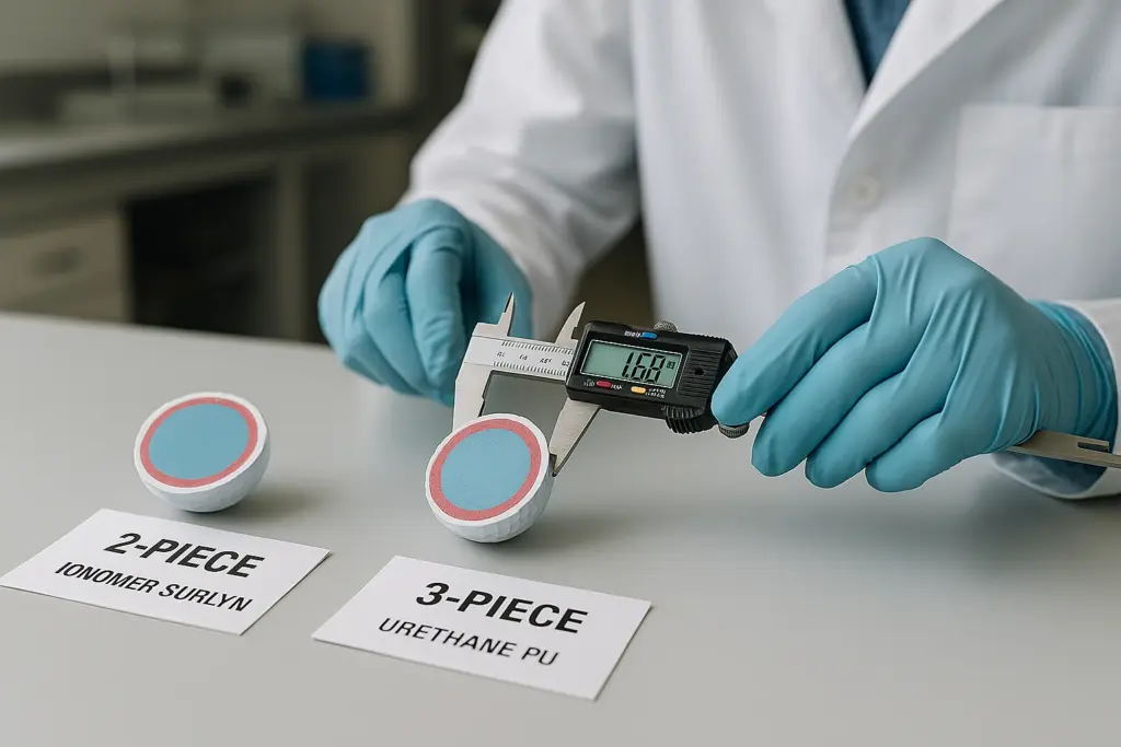 2ピースと3ピース構造のゴルフボール試作品をデジタルノギスで測定し、コア層の厚みを比較検査する工程