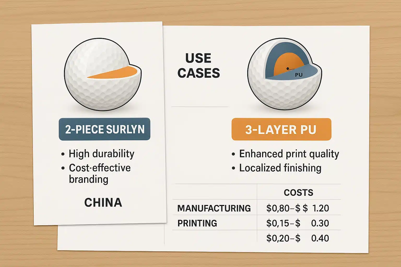 2ピースサーリンボールと3層PUボールの構造と用途を比較した図表
