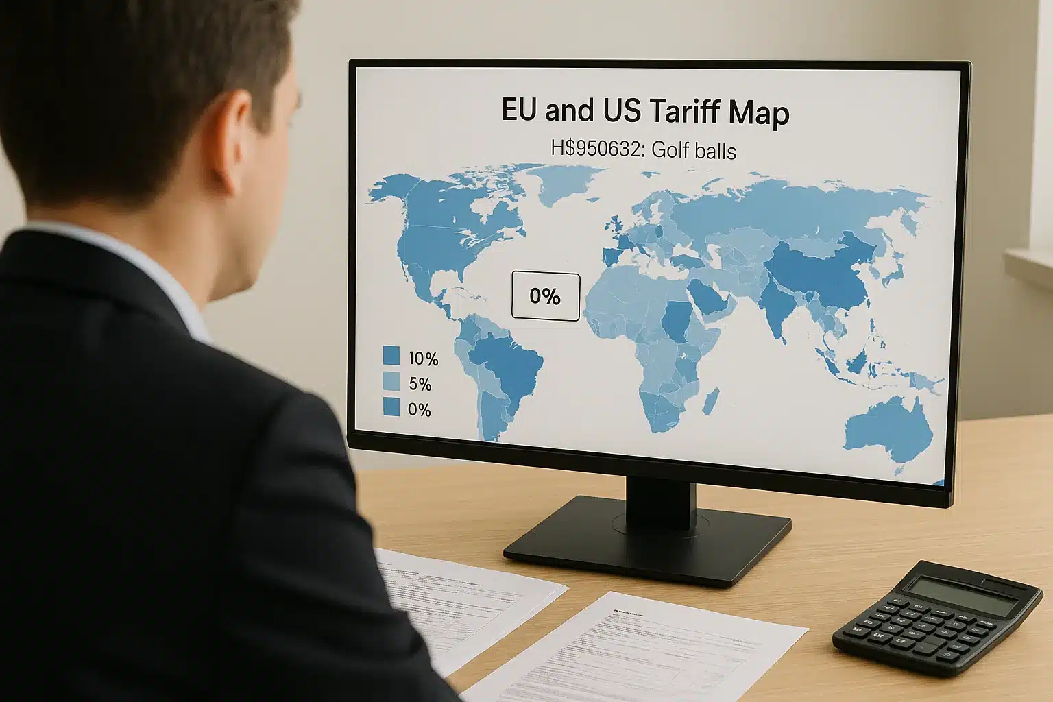 ゴルフボールの関税率マップをモニターで確認し、EUと米国の輸出条件を分析する担当者