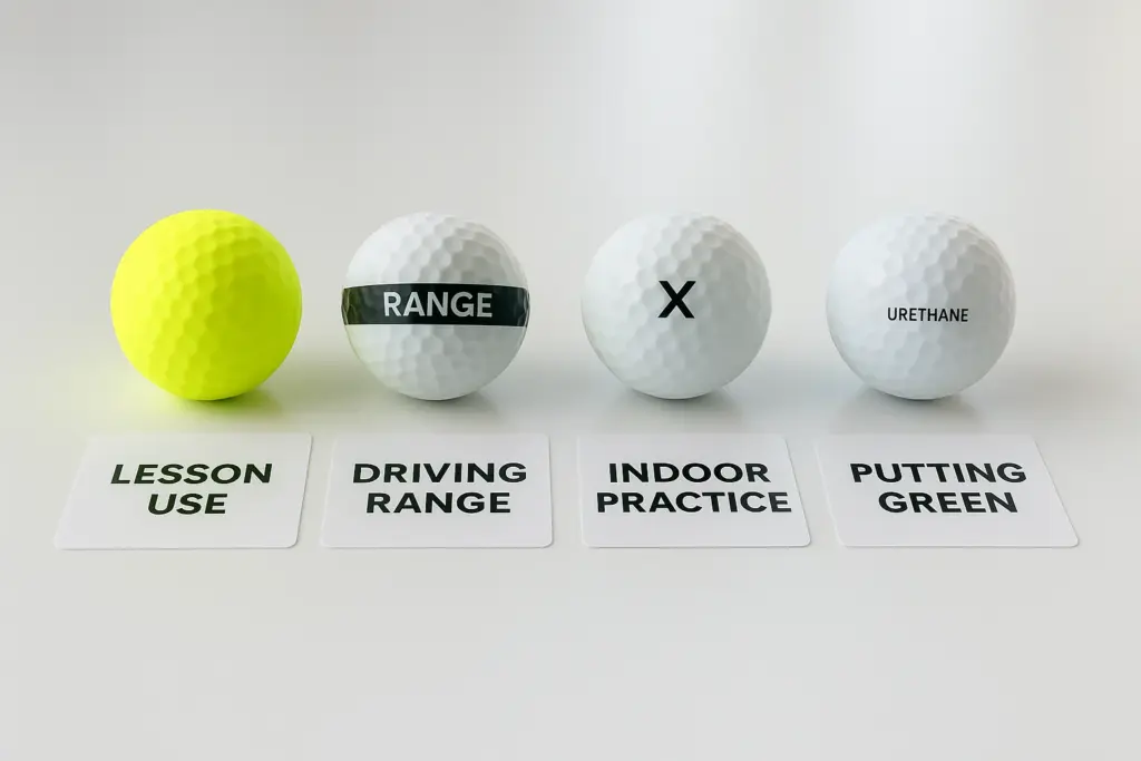 レッスン用・練習場用・屋内練習用・パッティング用ゴルフボールの種類を比較して用途別に並べたサンプル