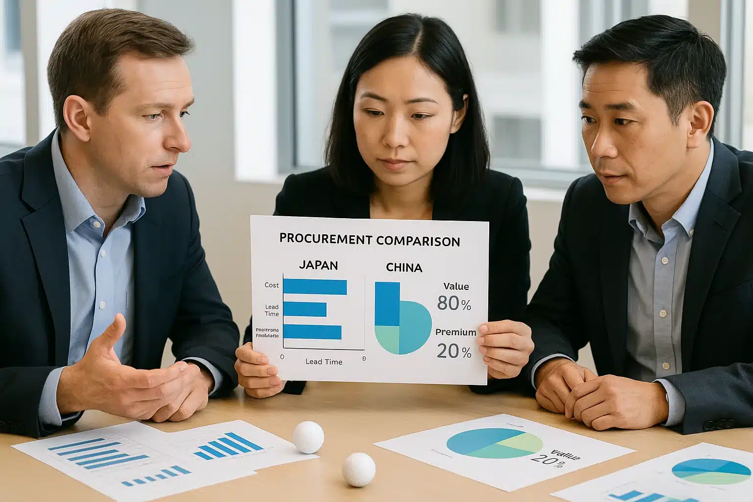 日本と中国のゴルフボール調達コストを比較分析するビジネスチーム