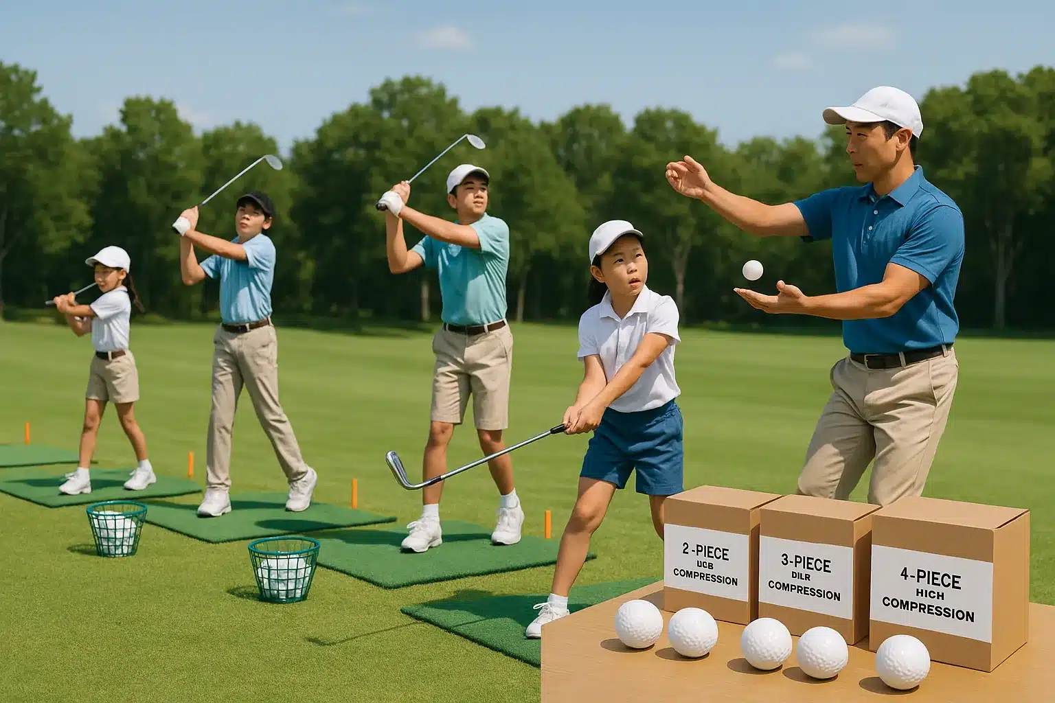 ジュニアゴルファーがコーチの指導で2ピースから4ピースまでのボールを比較しながらスイング練習を行う風景