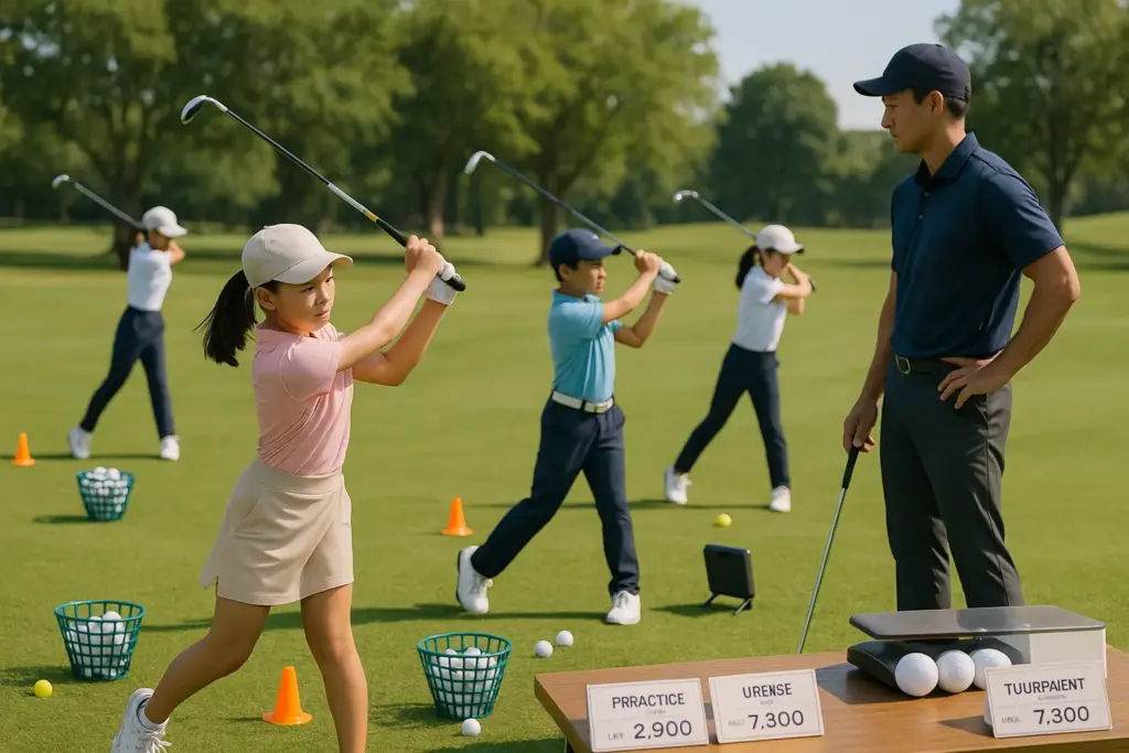 ジュニアゴルファーがコーチの指導を受けながらスイング練習を行うゴルフ練習場