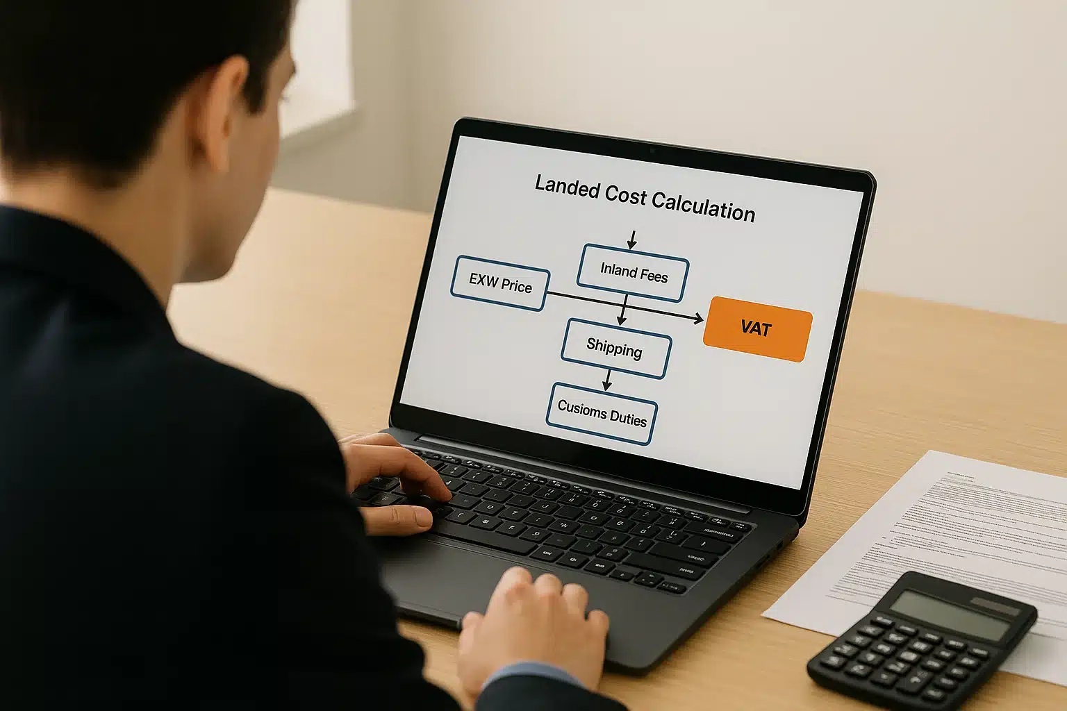 輸入コスト計算のフローチャートをノートパソコンで確認し、着地価格を分析する担当者