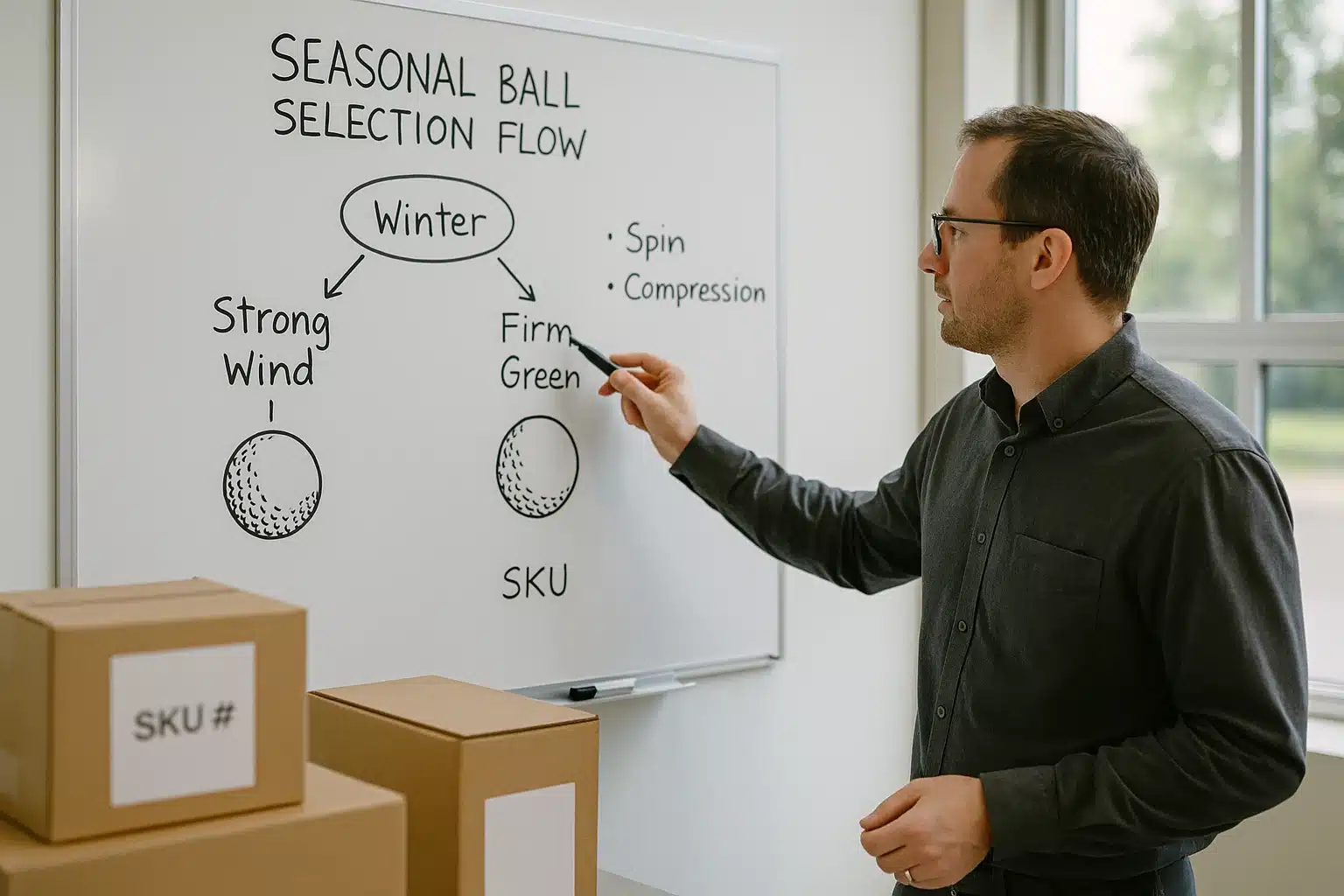 冬季向けゴルフボールの選定フローをホワイトボードで説明する技術者