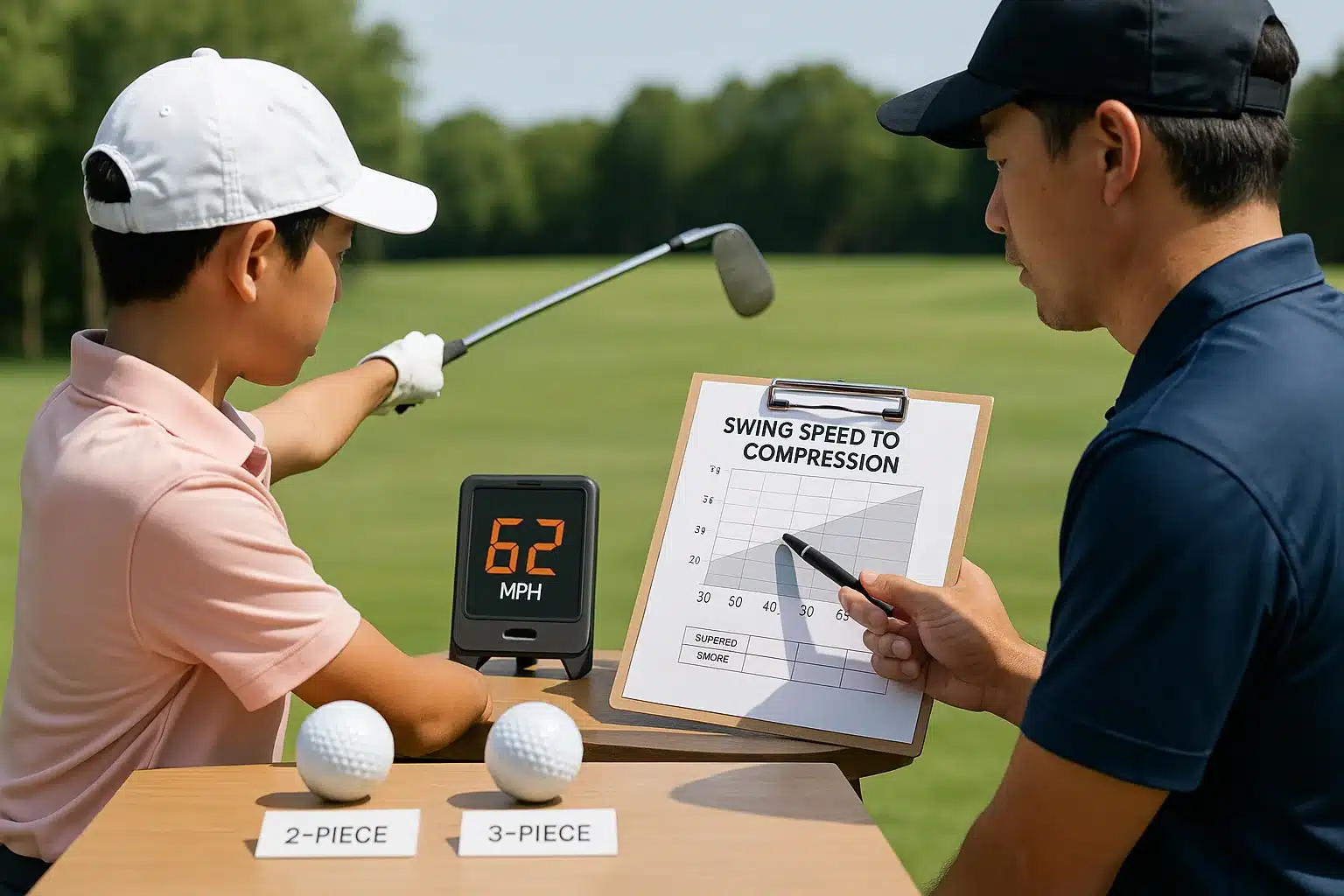 ジュニアゴルファーがコーチとスイングスピードとボール圧縮率の関係を分析する練習風景