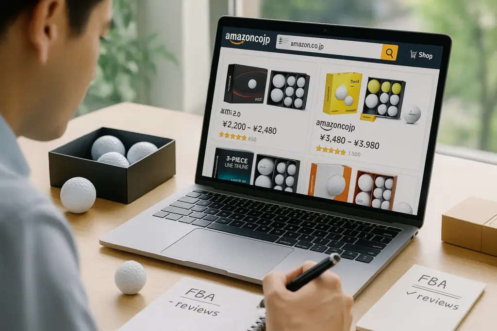 Amazonでゴルフボールの価格とレビューを調査する男性がFBA販売戦略を検討する様子