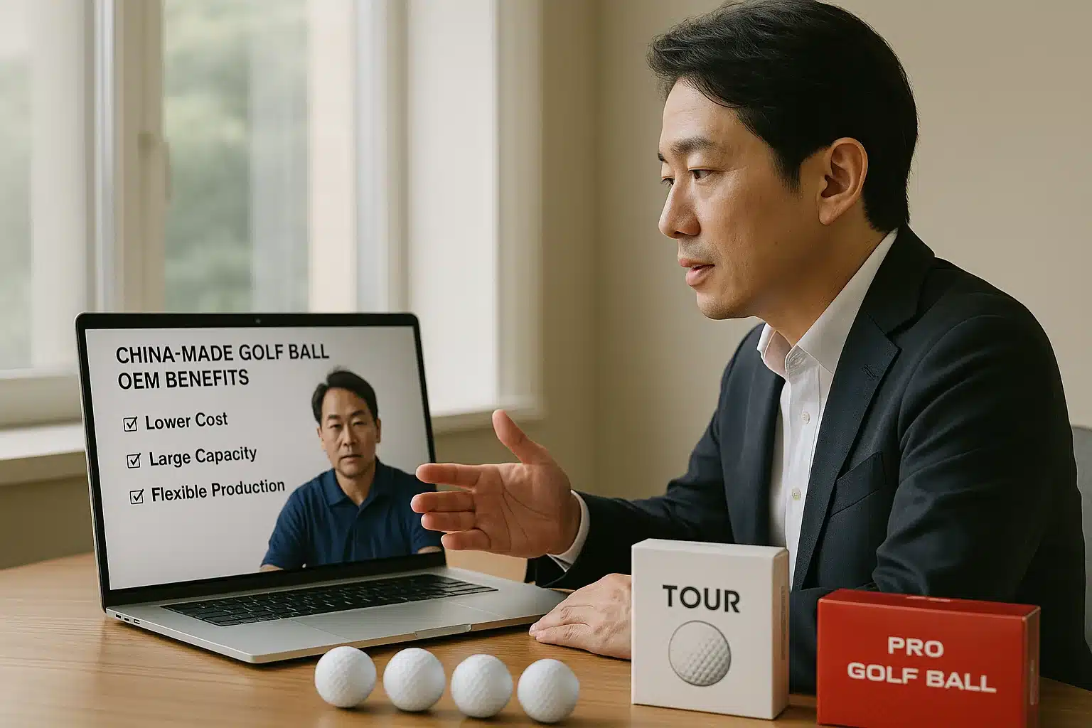 中国製OEMゴルフボールのオンライン商談 中国製OEMゴルフボールの低コスト・大ロット対応などのメリットをオンライン商談で説明し、ツアー用とプロ用ボールの採用条件を打ち合わせる担当者