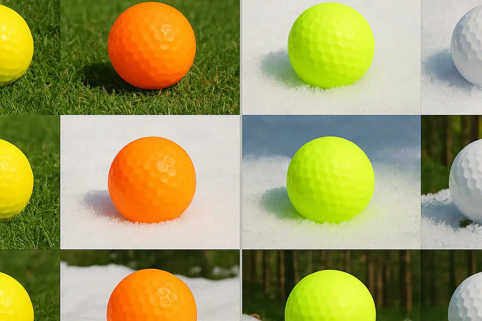 カラーボールの視認性比較 芝と雪上で比較したカラーボールの見え方。黄色やオレンジなど季節や環境に合わせた視認性の違いを示す