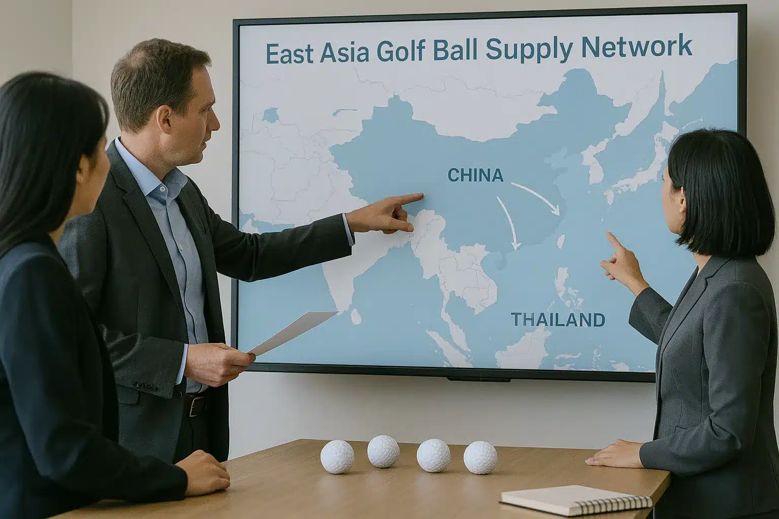 東アジアにおけるゴルフボール供給ネットワークの地図を用いて、中国から各国への供給ルートを指し示しながら調達戦略を議論するミーティング風景