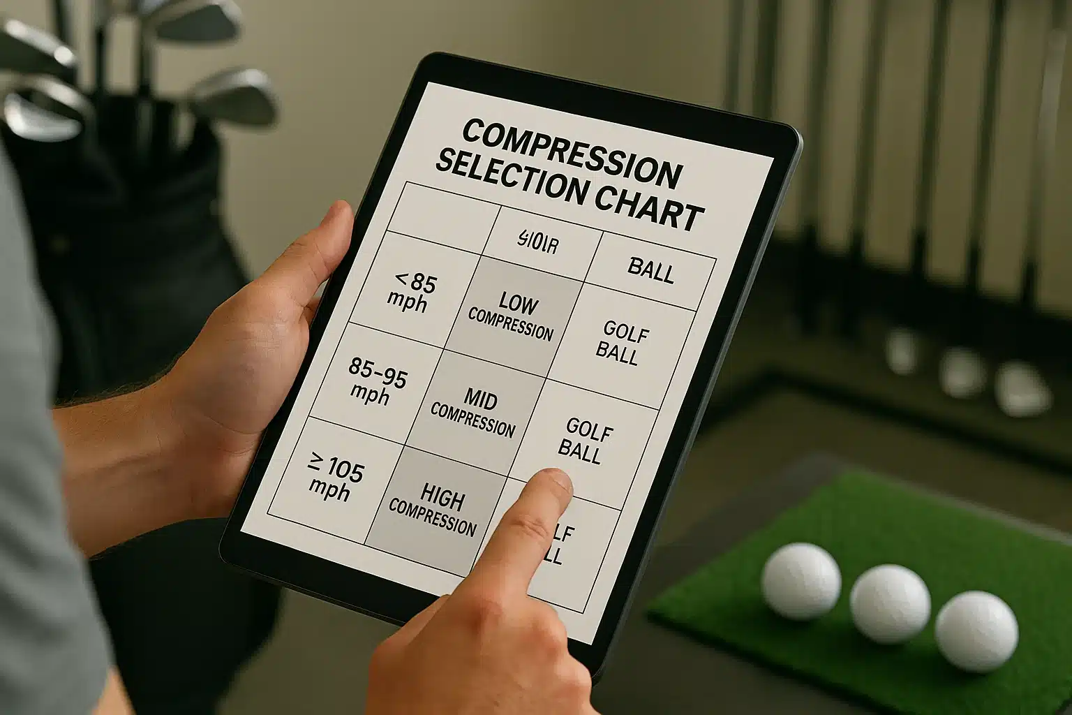タブレットでゴルフボールの圧縮度とスイングスピードの関係を確認し最適ボールを選ぶシーン