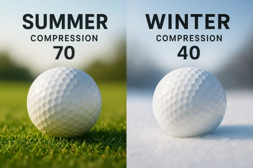 季節ごとのコンプレッション比較を示すゴルフボール。夏用は70、冬用は40で、温度に応じた打感と飛距離を最適化