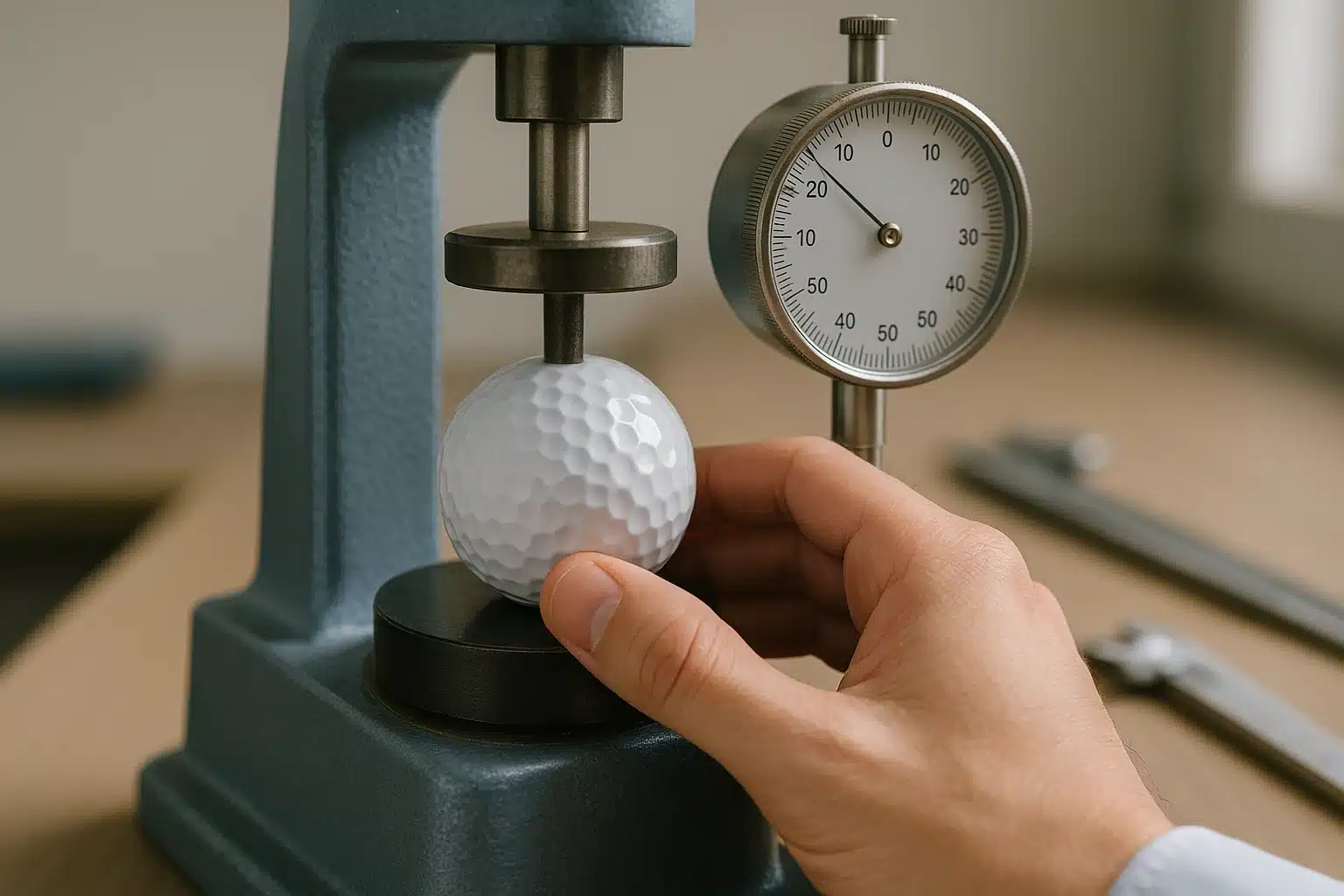 硬度試験機でゴルフボールの圧縮度を測定し、反発性能を確認する品質検査工程