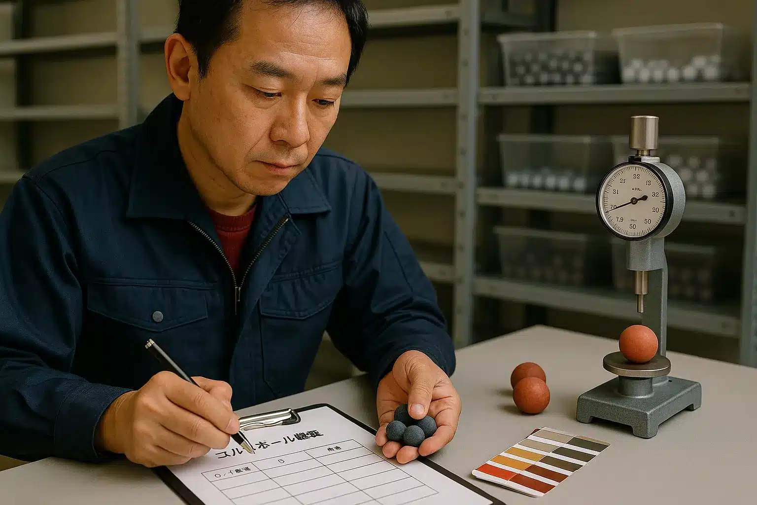 ゴルフボールのカラーバリエーション試作品を手にした技術者が硬度計を用いた測定結果を記録し、OEM生産前の品質基準を確認している工場内工程