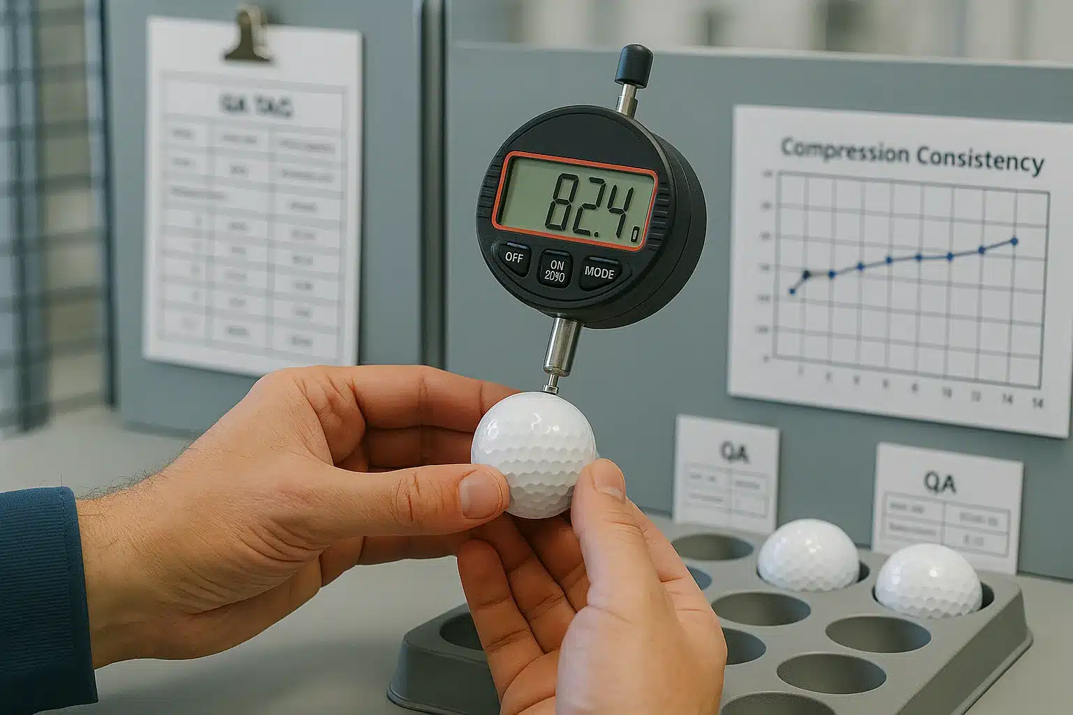 デジタルゲージでゴルフボールの圧縮度を測定し、一貫した品質を確認する検査工程