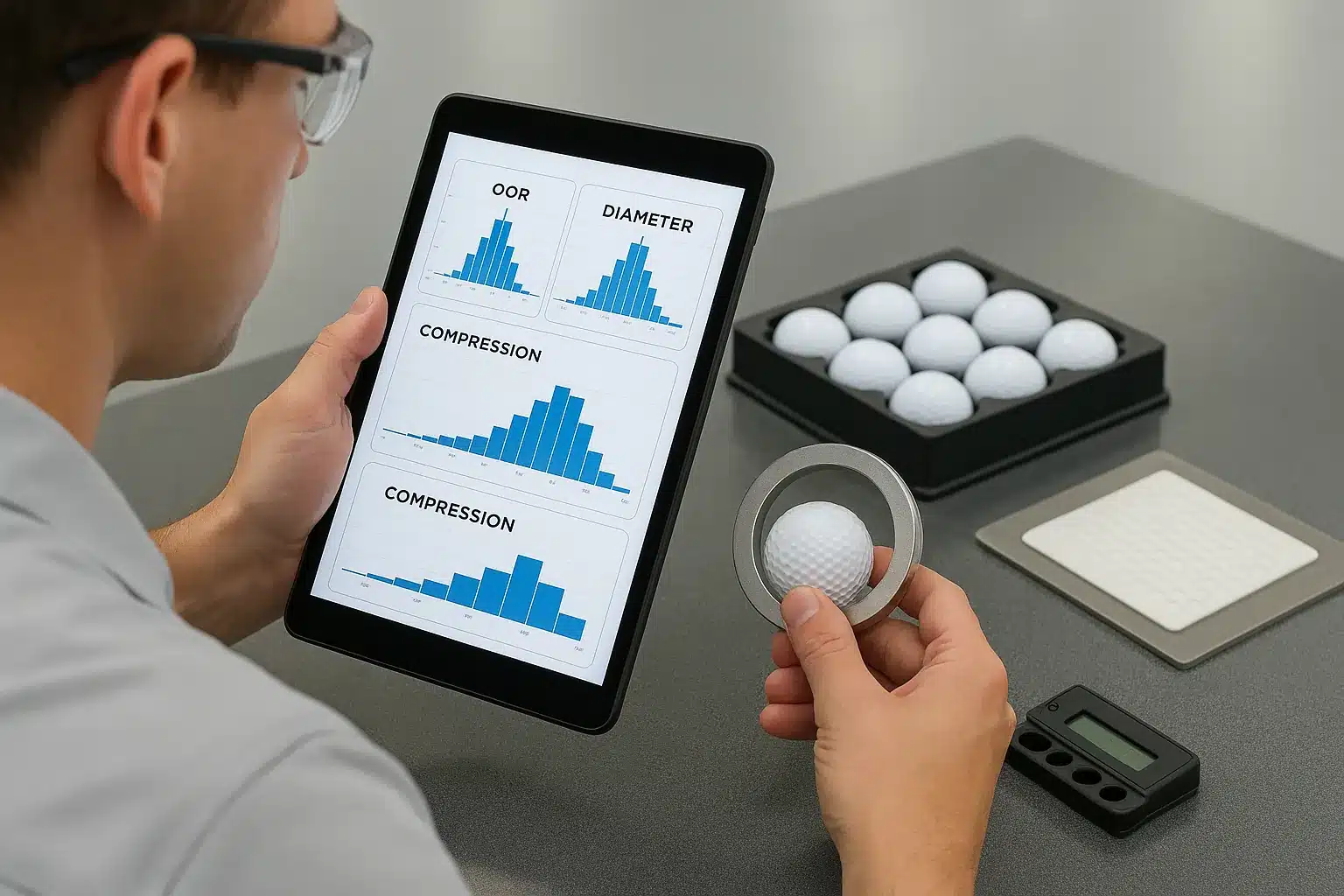 ゴルフボールの直径やコンプレッションデータをタブレットで分析し、測定リングを使って寸法精度を確認する品質管理工程