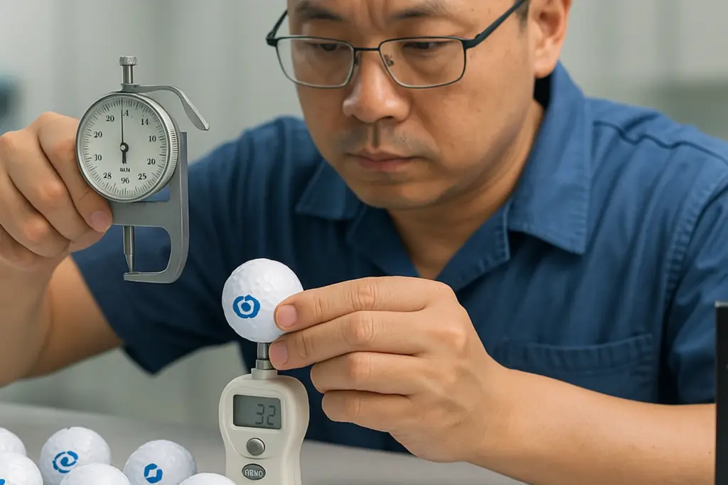 OEM向けロゴ入りゴルフボールの硬度を専用ゲージで詳細に測定し、工場内で量産前の品質基準への適合とばらつきを厳しく確認する技術者