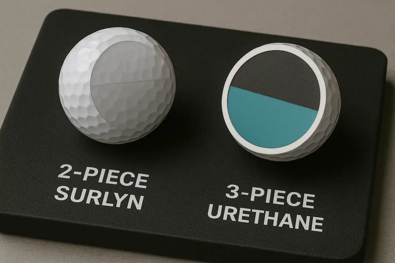 2ピースサーリン構造と3ピースウレタン構造の内部レイヤーを並べて比較し、材料と層構成の違いを示すゴルフボール技術展示サンプル