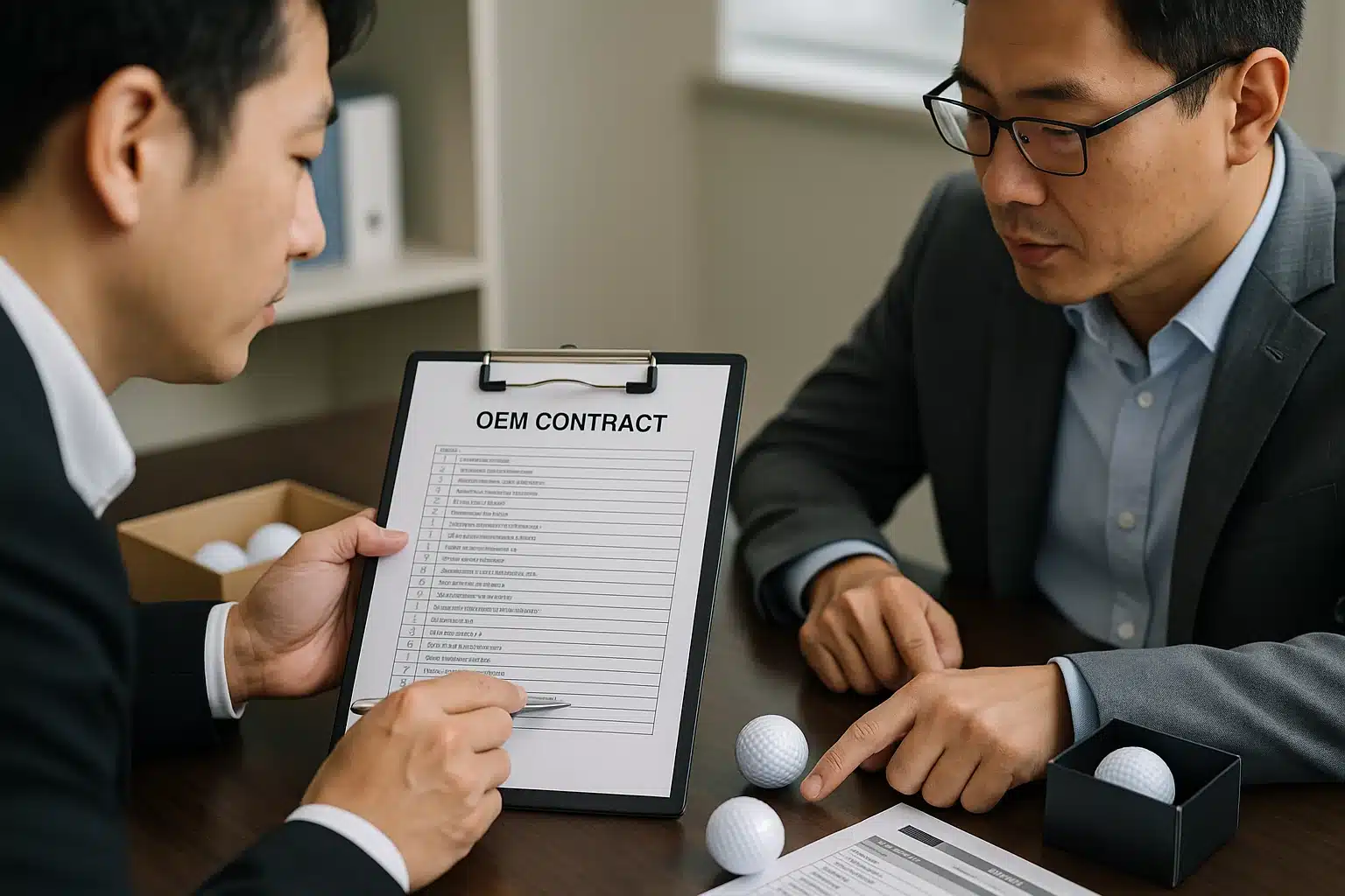 ゴルフボールOEM契約条件の最終確認ミーティング ゴルフボールOEM契約書の条項をサンプルボールを前に一つずつ確認しながら、長期取引を前提とした価格や品質保証の条件を詰める担当者二人の商談風景