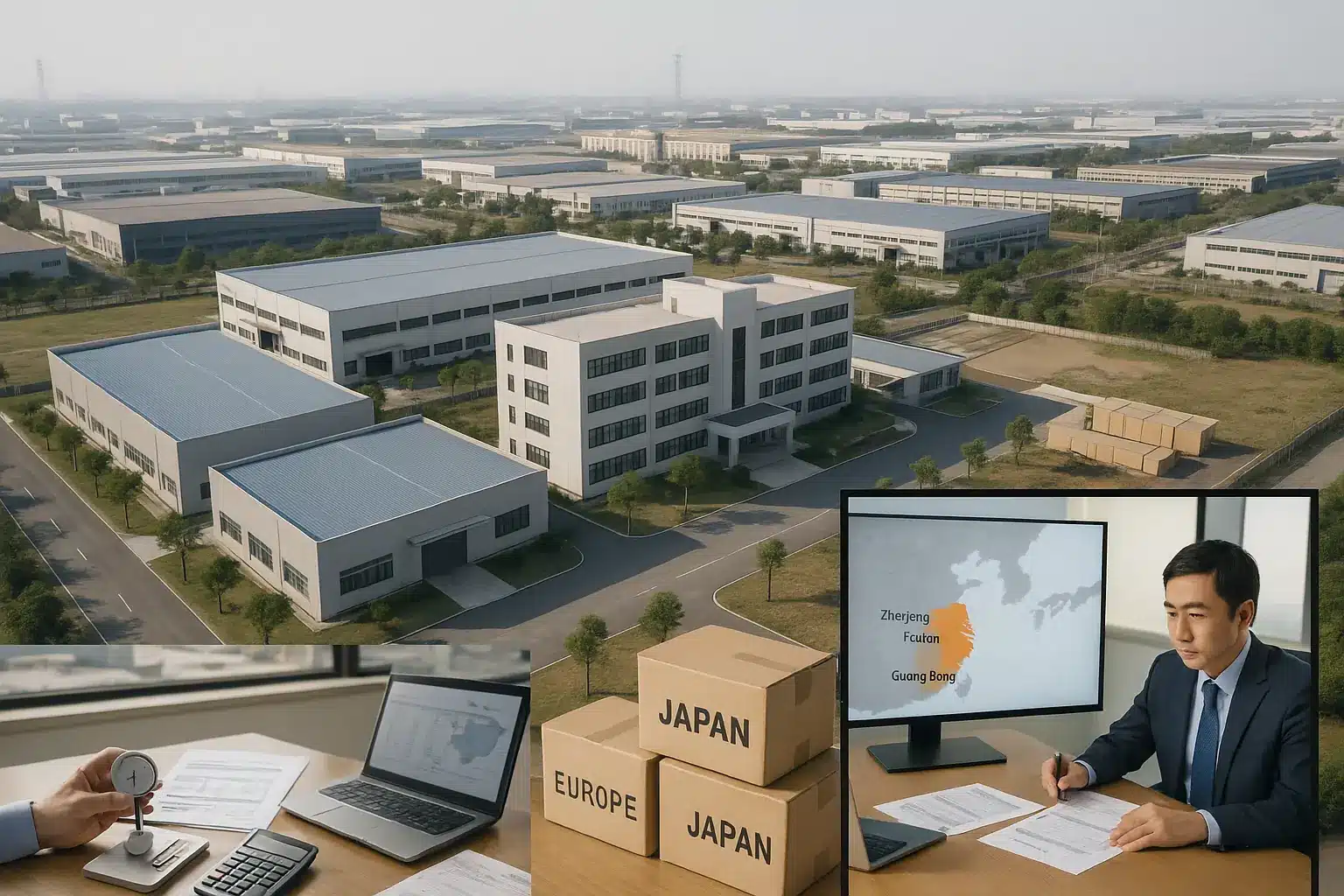 中国のゴルフボールOEM工場の全景と品質管理オフィスを俯瞰し、日本と欧州向け出荷計画や輸出拠点を示す箱と地図で輸出体制を伝える構成