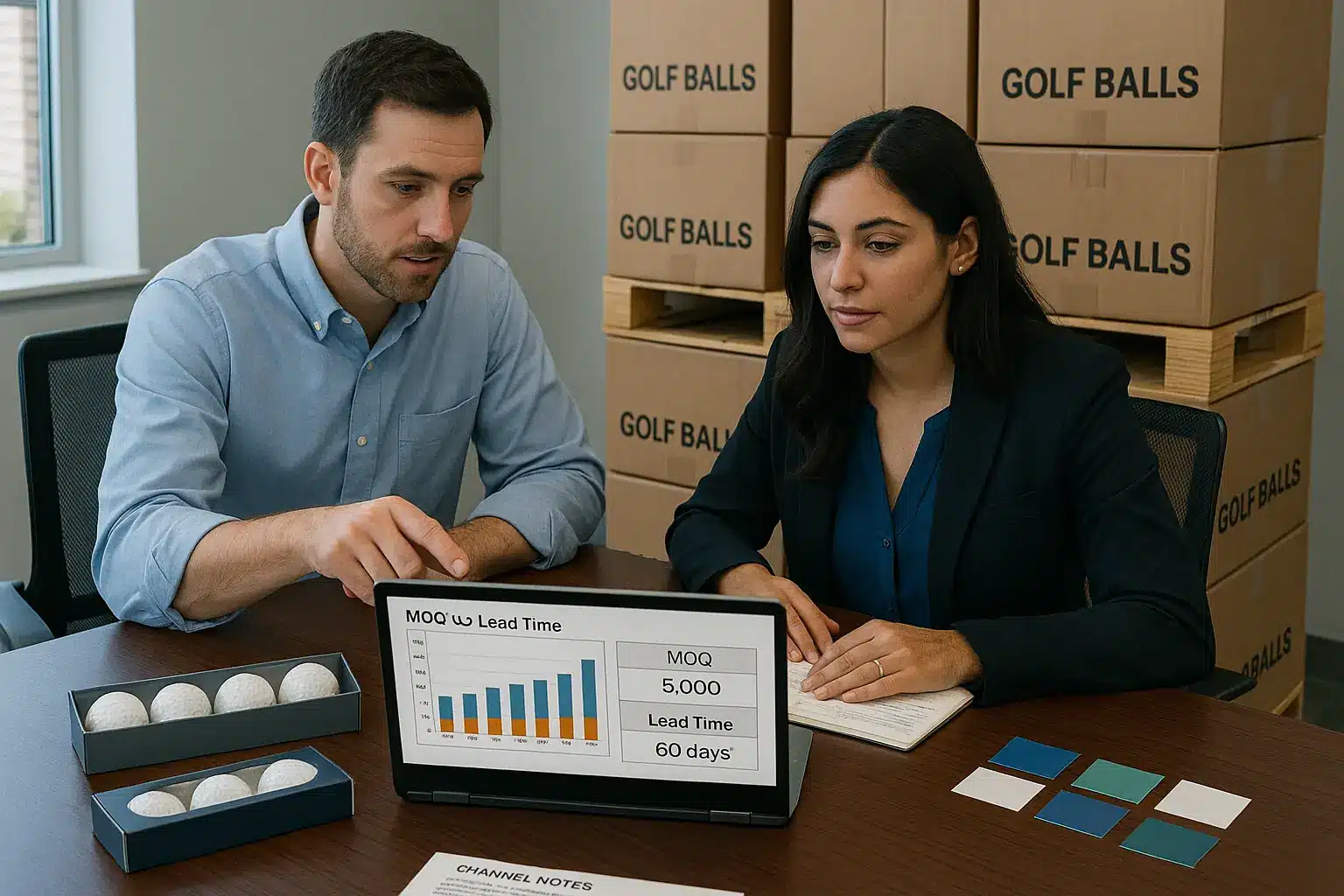 OEMゴルフボールのMOQやリードタイムを示す資料をもとに、法人向けカスタム生産の納期と数量条件について打ち合わせを行う商談シーン